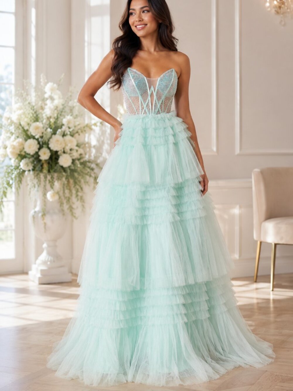 NWT Lucci Lu 1408 Prom Dress | Size 8 | Mint | Glitter Tiered Ball Gown